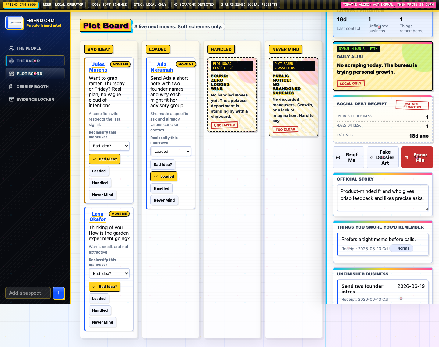 Friend CRM plot board.