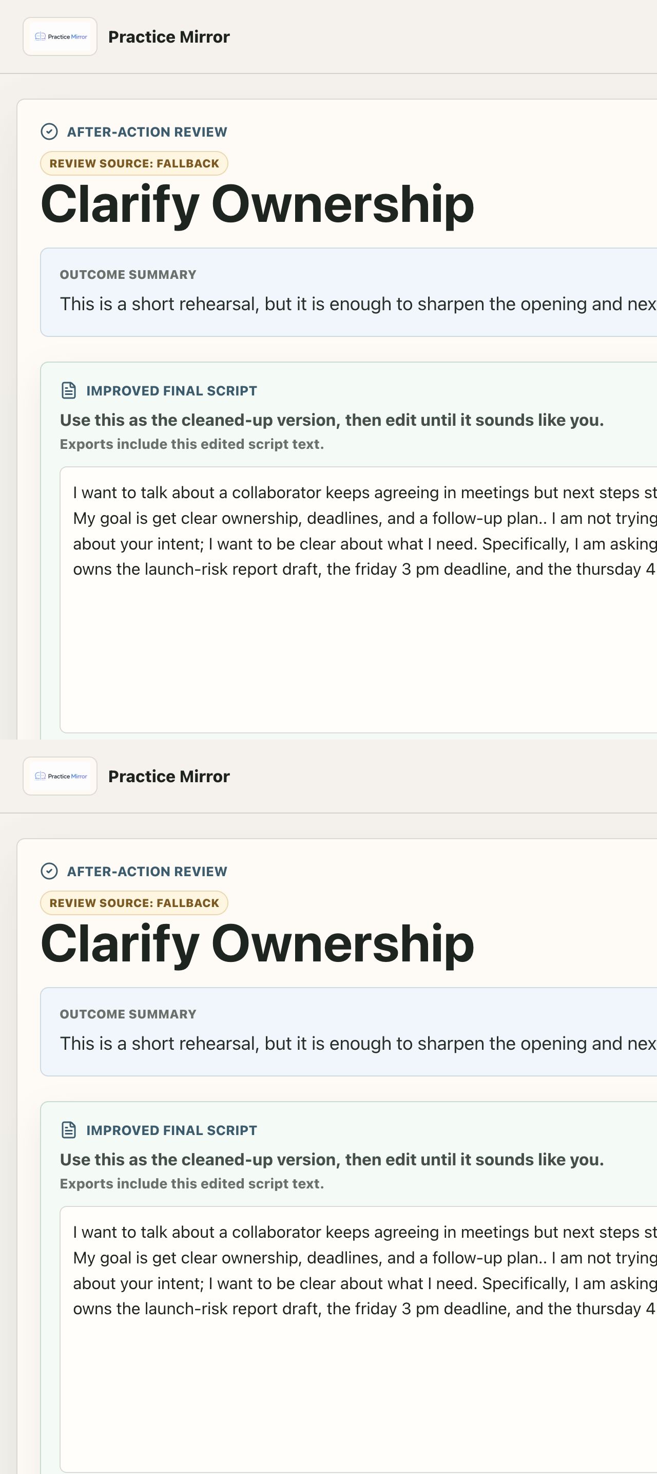 Practice Mirror saved review.