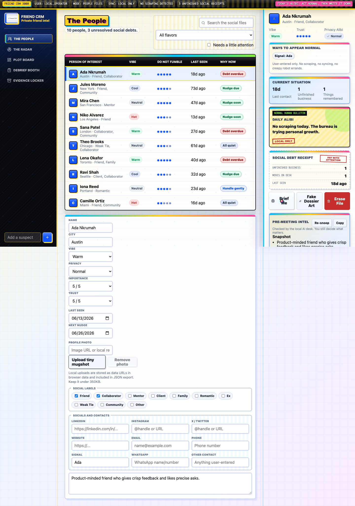 Friend CRM person briefing screen with source-backed memory and next-move context.