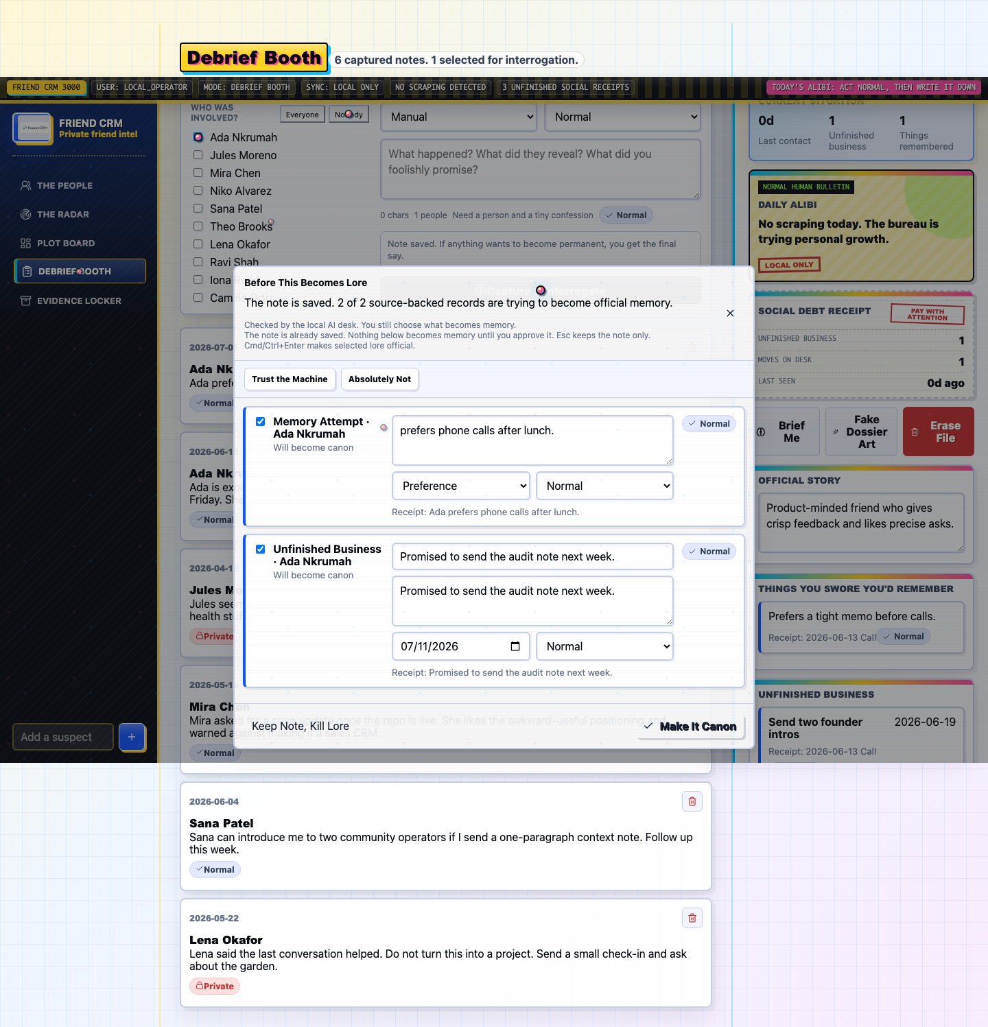 Friend CRM review panel for proposed memories and open loops.