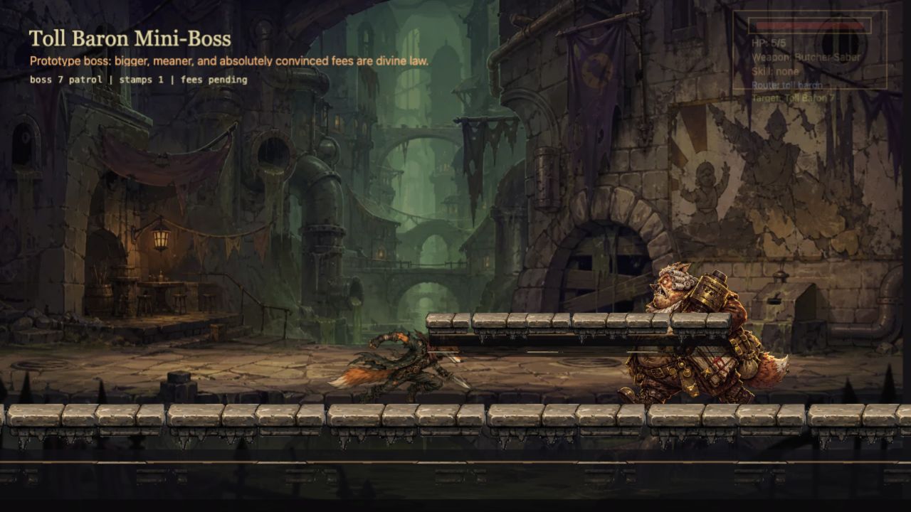 Foxman Toll Baron mini-boss fight.