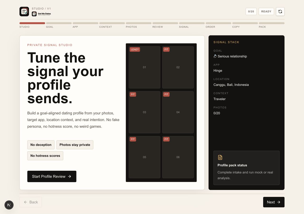 Get Me Dates profile signal studio desktop screen.